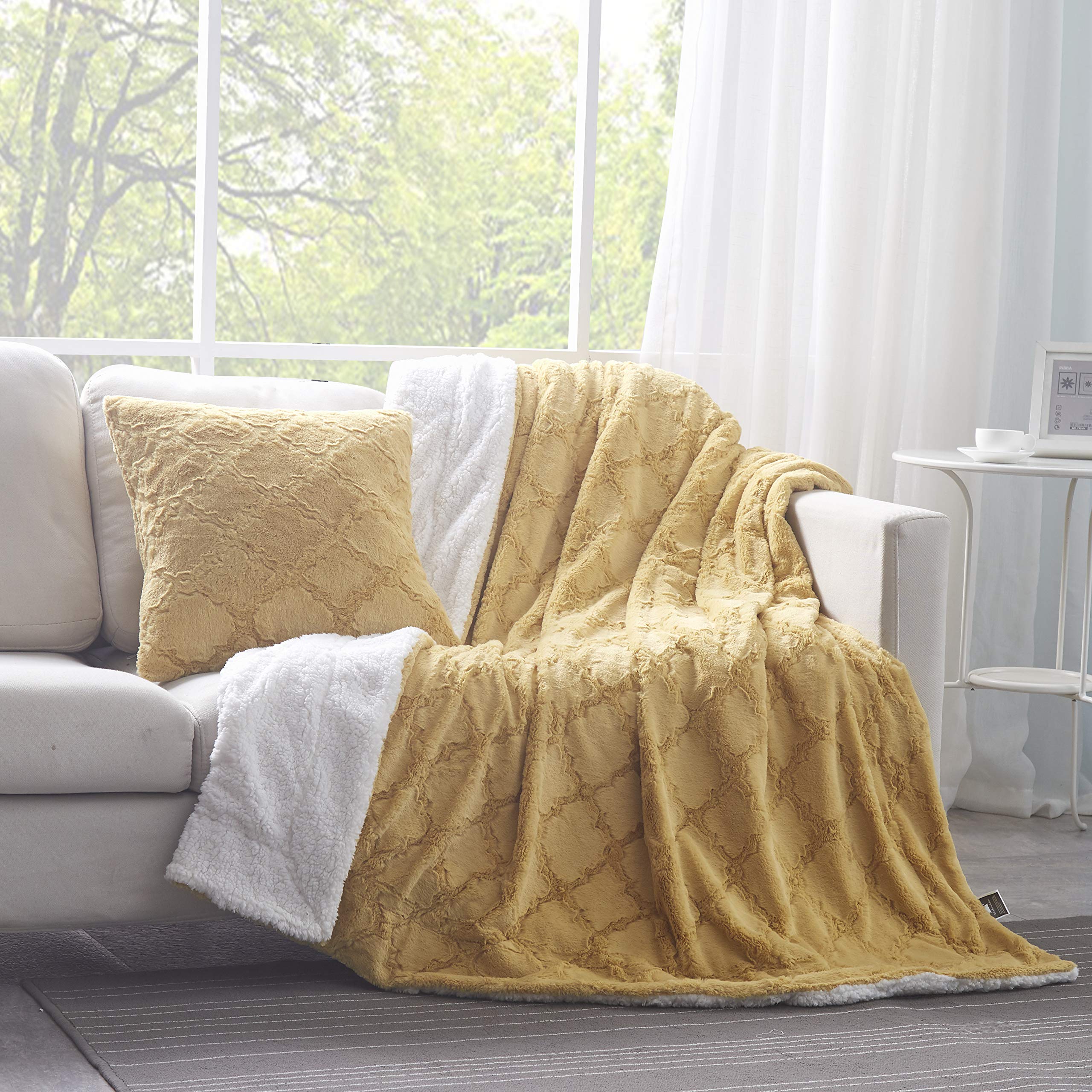 Tache Faux Fur Mustard Yellow Moroccan Lattice Pattern Throw Blanket (3397)