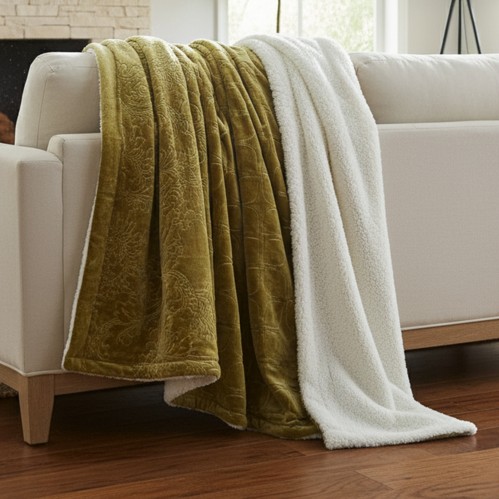 Tache Solid Embossed Green Olive Chartreuse Sherpa Throw Blanket (62096)